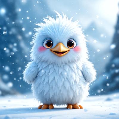 The image features a cute, fluffy, white bird standing in the snow. The bird appears to be a snowy owl, with its eyes wide open and a smile on its face. The scene is set against a backdrop of snow-covered mountains, creating a serene and wintry atmosphere. The visual style of the image is a combination of photo and digital art, giving it a unique and charming appearance.